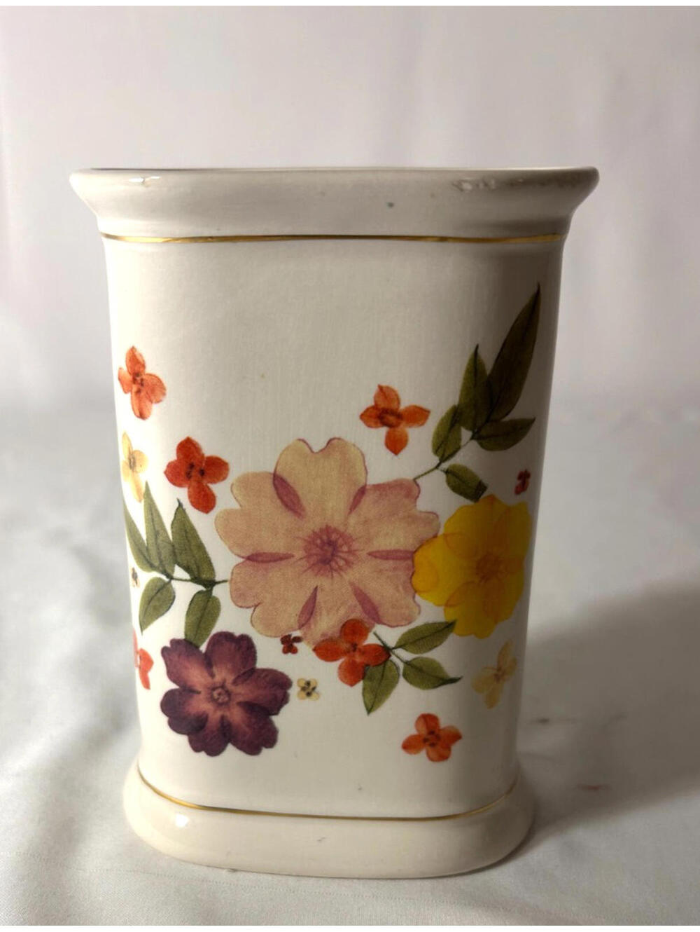 Vintage Teleflora Small Rectangle Spring Floral Vase Gold Trim 5 x 3.5 x 2.25